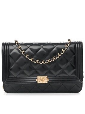 CHANEL Black Boy Quilted Leather Wallet on Chain with Gold Chain Strap